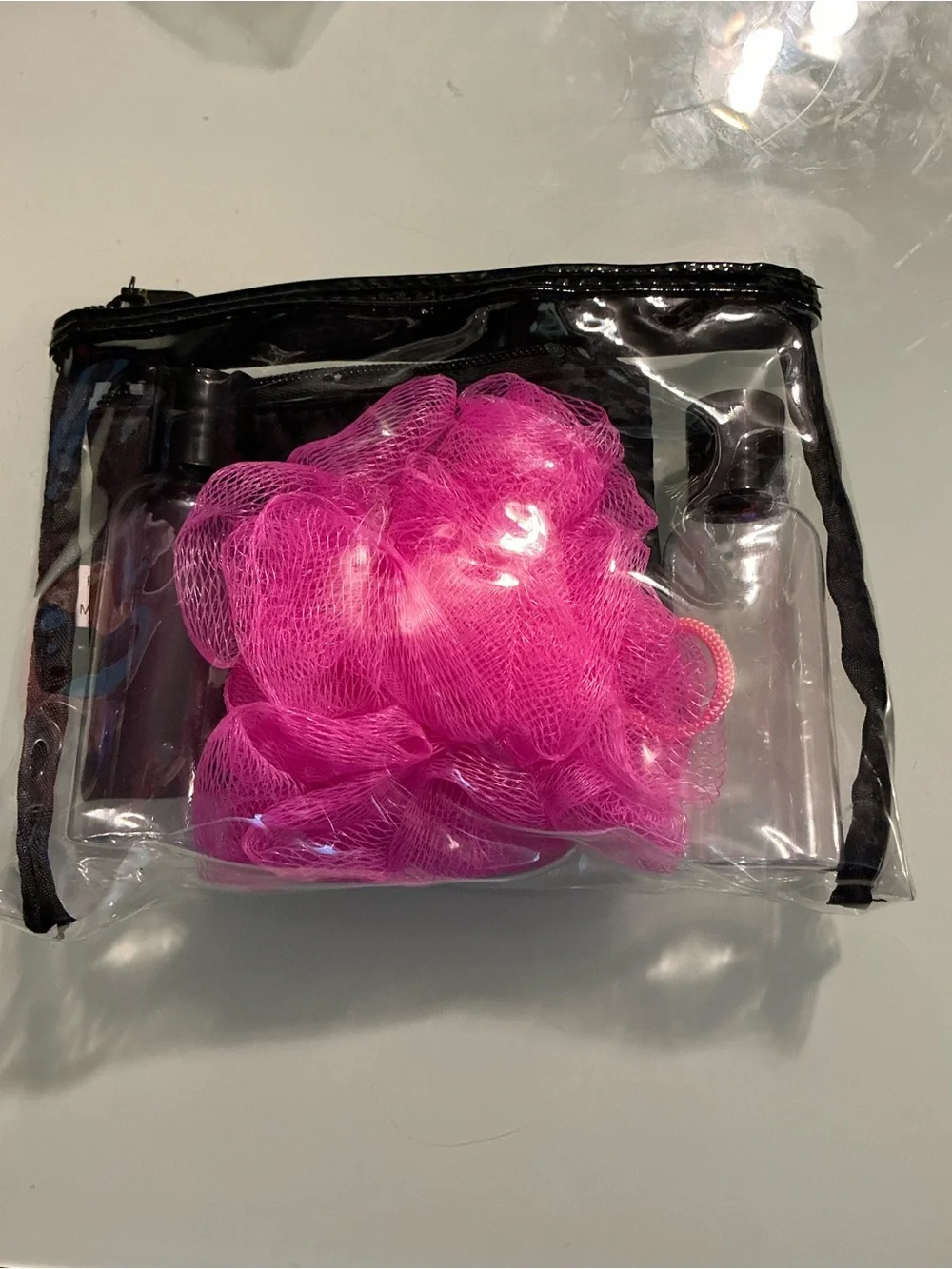 Clear Travel Toiletry Bag with Hot Pink Shower Pouf
